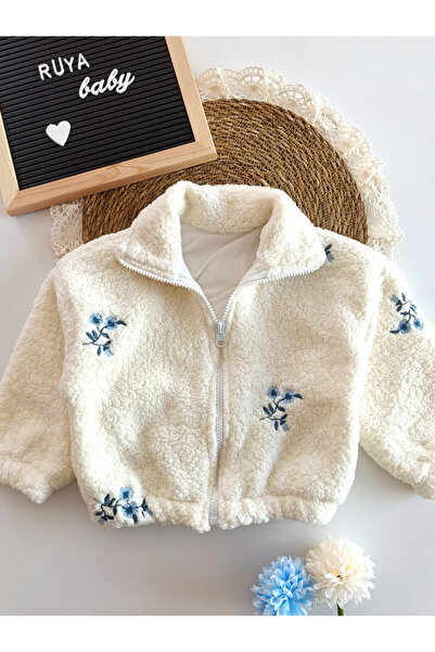 Genel Markalar Blue Flowers Peluş Fermuarlı Kız Bebek Hırka-KREM