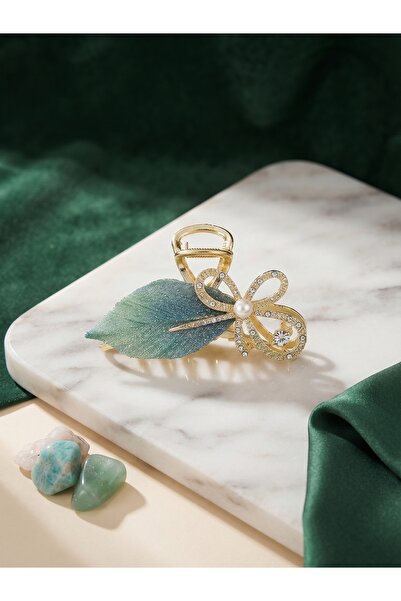Lotus luxury Yaprak Desenli Taşlı Metal Premium Mandal Toka