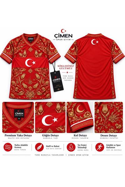 Çimen Spor Giyim Türk Bayraklı Lale Motifli Osmanlı Milli Forma Ay Yıldız