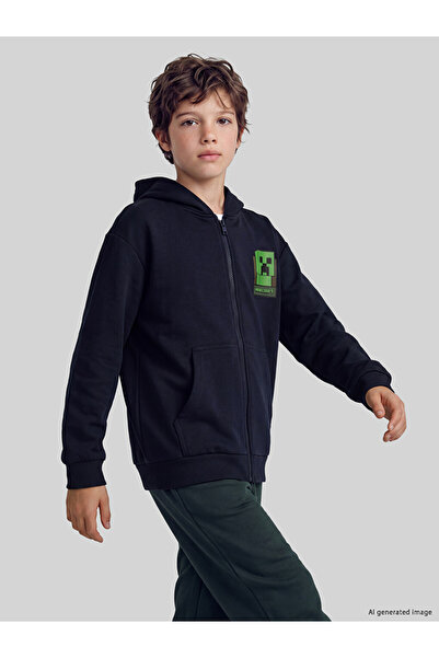 LC Waikiki Peak New Season Navy Blue Hooded Boys' Zippered Sweatshirt