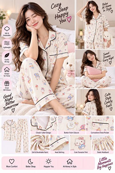 Lovisah Styles Women’s Cute Character Print Pajama Set, 2-Piece Short Sleeve Button Front Sleepwear with Collared Top and Long Pants, Soft Lounge Wear for Home