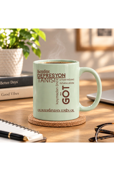 veracraft Pastel Yeşil Porselen Kupa Bardak – Esprili Yazılı Kahve ve Çay Kup...