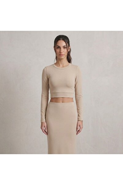 ROSE DAWSON Women's Lycra Shirred Crew Neck Long Sleeve Body Crop Blouse