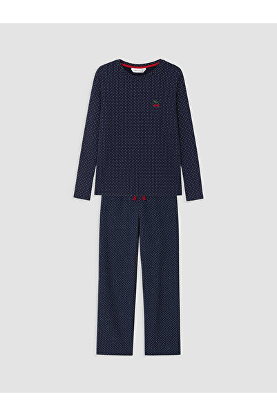 LC Waikiki Vizyon New Season Navy Blue Crew Neck Polka Dot Women's Pajama Set