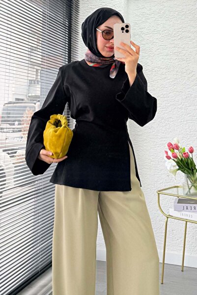MELEK ARAZ بلوزة برباط خلفي وتفاصيل شقوق فاخرة - أسود