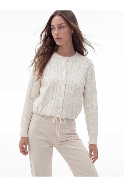 LC Waikiki Lcw Modest Ecru Knitwear Patterned Women's Cardigan with Nevavm Di...