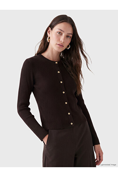 LC Waikiki Lcw Modest Brown Knitwear Plain Women's Cardigan with Nevavm Diffe...