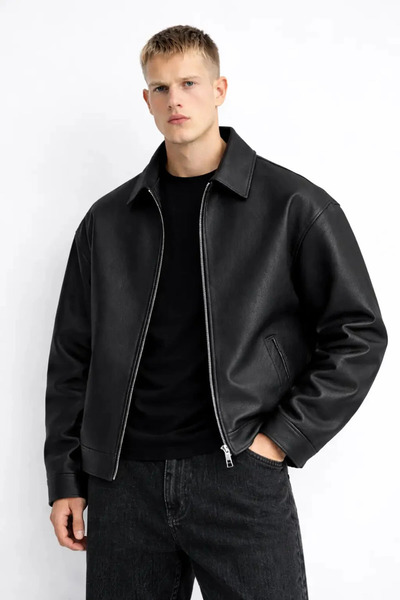 Sobce Oversize Premium Fermuarlı Erkek Deri Ceket