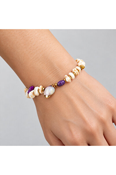 HER ŞEY NOTA www.herseynota.com Purple Cream Beaded Sea Shell Detailed Gold C...