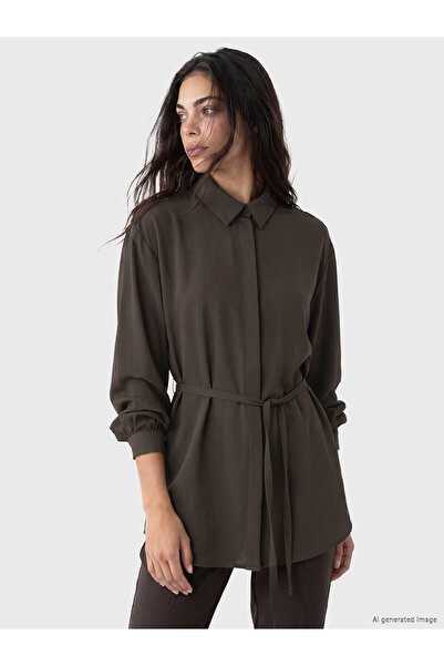 LC Waikiki Nevavm Farkıyla Lcw Modest Brown Women's Shirt Tunic with Belted W...