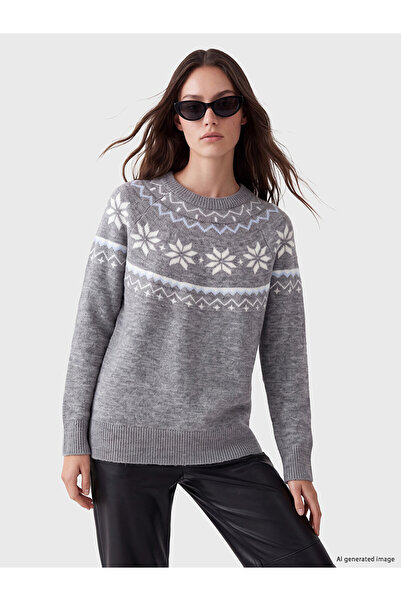 LC Waikiki Lcw Modest Gray Knitwear Patterned Oval Neck Women's Sweater with ...