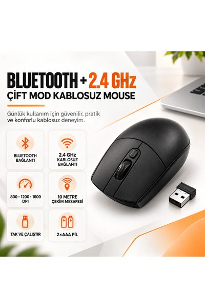 Defry 4D BT + 2.4GHZ Wireless Kablosuz Optik Mouse + Bluetooth Mouse (İki Öze...