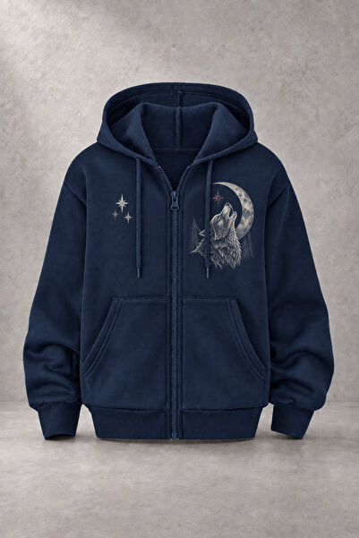EVIus Unisex Wolf Moon Printed Three-Yarn Combed Cotton Fabric Hooded Zippere...