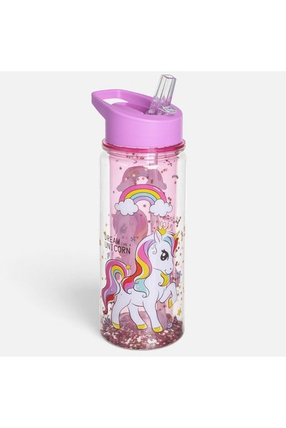 OEM Sticla din Plastic Flip Top Roz cu Unicorn si Confetti pentru Copii 360ml