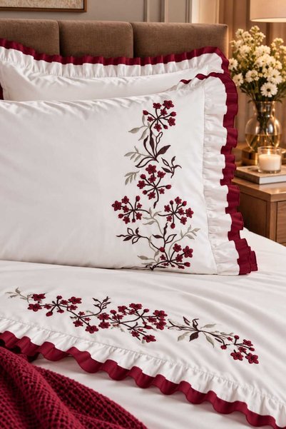 İK TEKSTİL Zerdal Flora Burgundy Embroidered 100% Cotton 7 Piece Modern Double Duvet Cover Set