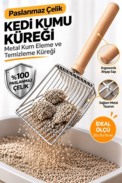 Kurtbay Şekil Paslanmaz Çelik Kedi Kumu Küreği Metal Kum Eleme ve Temizleme K...