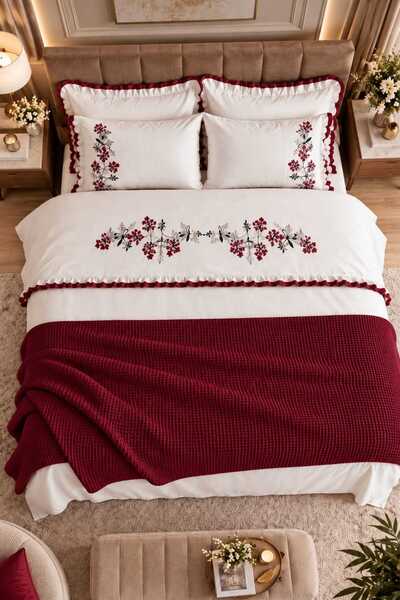 İK TEKSTİL Amber Flora Burgundy Embroidered 100% Cotton 7 Piece Modern Double...