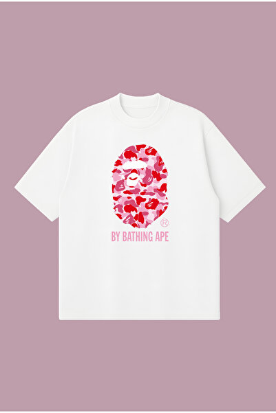 PURE POWER Bape Pembe Baskılı Oversize Boxy Kesim Unisex %100 Pamuklu Tshirt ...