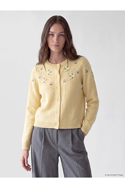 LC Waikiki Lcw Modest Yellow Knitwear Floral Short Women's Cardigan with Neva...