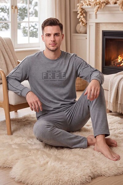 PİJAPİA Men's Long Sleeve Pajama Set Gray 100% Cotton