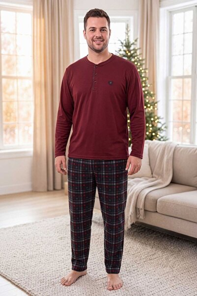 PİJAPİA Men's Long Sleeve Thermal Plus Size Pajama Set Claret Red