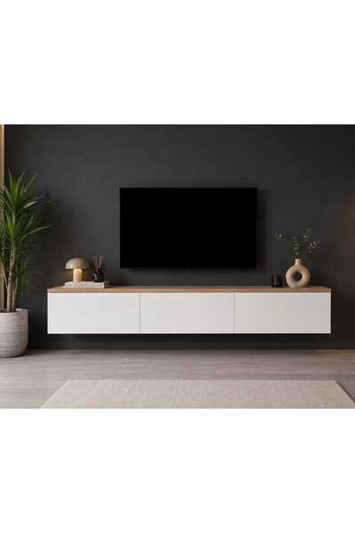 Mozide MDF Milagro Premium TV Ünitesi 180 cm Mat Beyaz - Safir Meşe