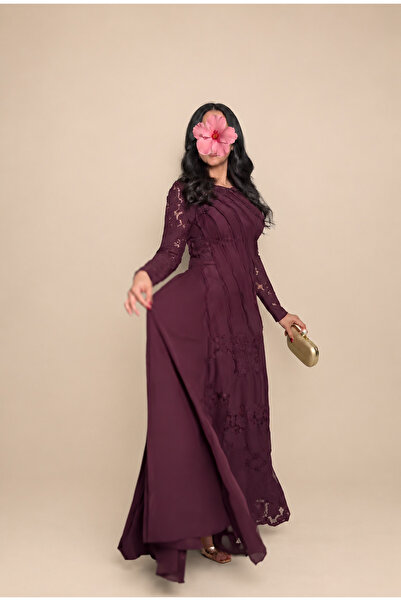 Rose فستان خمري فاخر وتفاصيل دانتيل