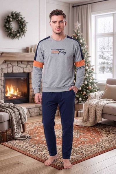 PİJAPİA Men's Long Sleeve Pajama Set Gray 100% Cotton