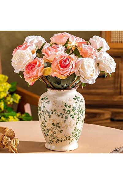 Heifgott Green and Beige Vintage Vase, Beige Terracotta Decor, Chinoiserie Fl...