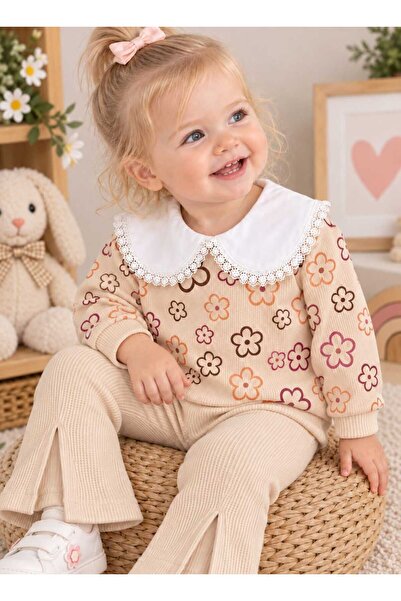 krm kerem bebe Baby Girl Floral Patterned Lace Collar Stylish Design Double S...