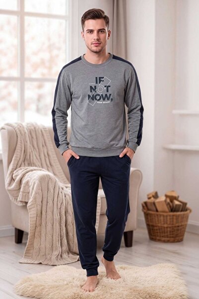 PİJAPİA Men's Long Sleeve Pajama Set Gray 100% Cotton