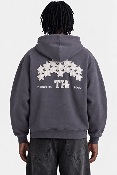TWILIT Nakış Detaylı Oversize Hoodie Erkek Sweatshirt Kapüşonlu Unisex - Füme