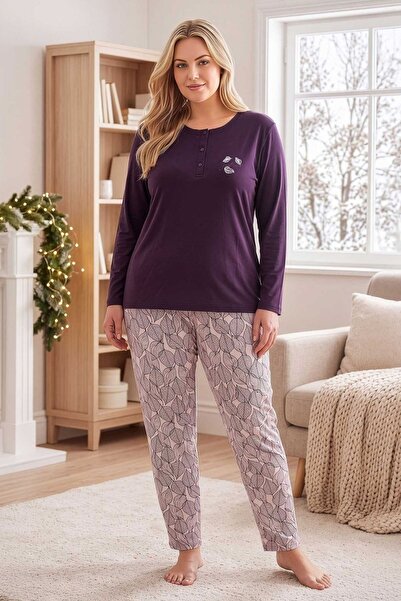 PİJAPİA Women's Plus Size Stretchy Modal Long Sleeve Pajama Set Plum