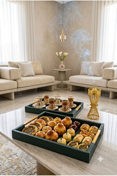 Generic Brand طقم ضيافة فاخر مكون من طقم صواني تقديم أخضر مع مبخرة ذهبي بتصمي...