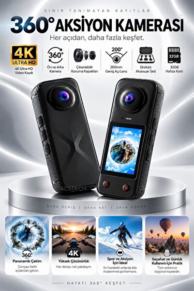 ACSTECH 360 Derece Aksiyon Kamerası X5 Pro | 4K Ultra HD | Çift Lensli Ön Ark...