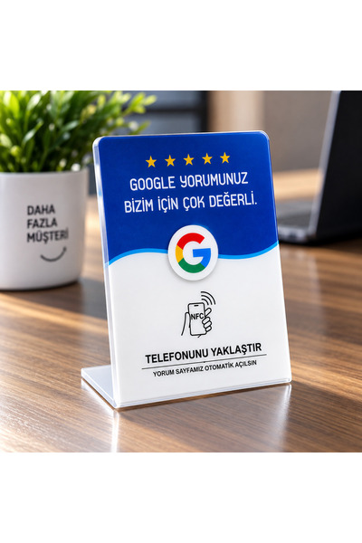 NFC Google Yorum Standı 3 mm Pleksi UV Baskı | Telefonla Temassız Yorum Kartı