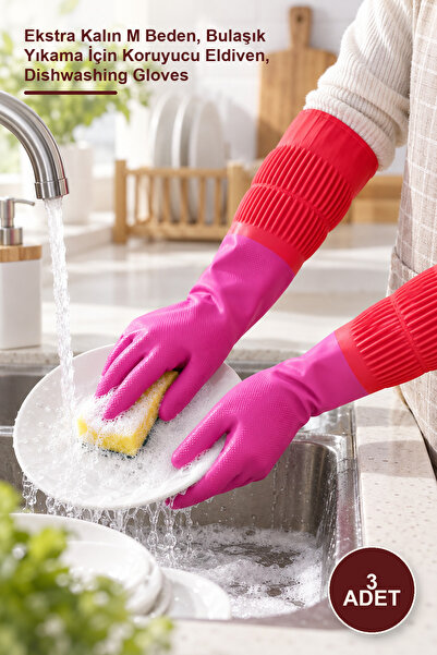 Yenilig 3 Pieces of Long Dishwashing Gloves – Extra Thick Size M, Protective ...