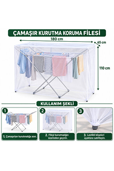 Magiclady Çamaşır Kurutma Koruma Filesi 180 × 65 × 110 cm – Lastikli Beyaz File