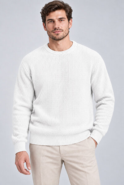 cto your style White Comfortable Ribbed Crew Neck Men's Knitwear Sweater