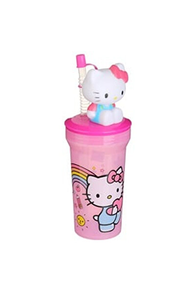 OEM Pink Plastic Cup with Straw & 3D Hello Kitty Pattern 400ml