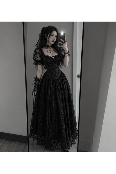 Mournbelle Gotik / Vintage İnci ve Dantel Detaylı Mezuniyet Abiye Gece Uzun E...