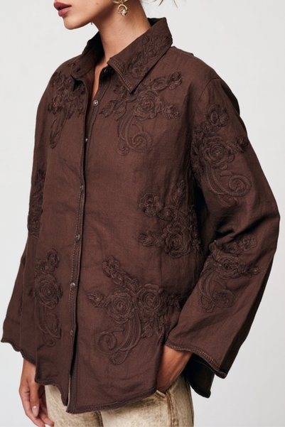 QUREKLİ Women's Brown Ethnic Patterned Embroidered Cotton Regular Fit Shirt