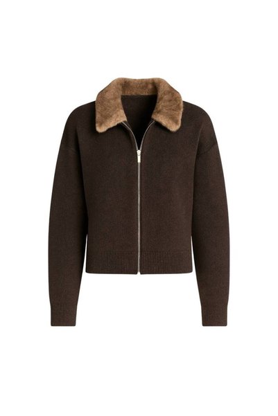 vuvutasarım Women's Brown Knitwear Sweater with Fur Collar and Zipper Detail 52116051