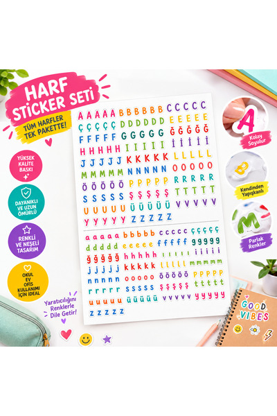 Türkçe Alfabe Harf Sticker Seti Renkli Yapışkanlı Harf Etiketleri Büyük Küçük Harf A-Z