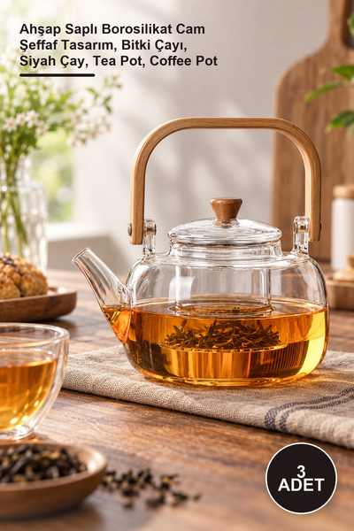 Yenilig 3 Adet Cam Filtreli Demlik – Ahşap Saplı Borosilikat Cam Şeffaf Tasarım, Bitki Çayı, Siyah Çay, Tea Pot, Coffee Pot