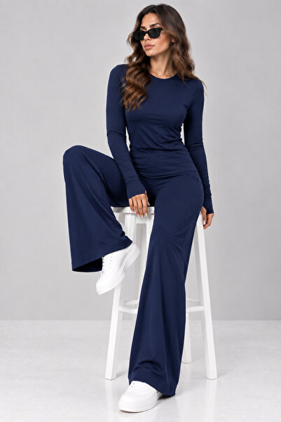 LEONE KOLEKSİYON Women's Polyamide 4-Way Stretch Finger-Loop Body Wide-Leg Pants Two-Piece Set