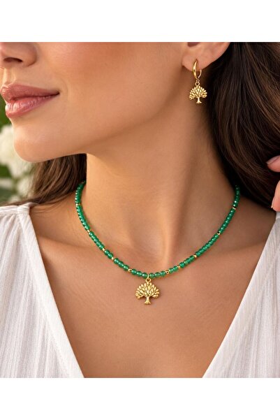 Home Green Cat's Eye Tree Patterned Necklace and Earring Set