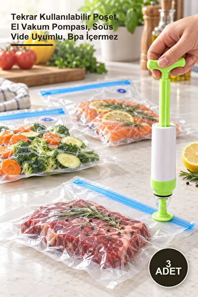 Yenilig 3 Pieces Manual Vacuum Food Storage Bag and Pump – Reusable Bag, Hand...