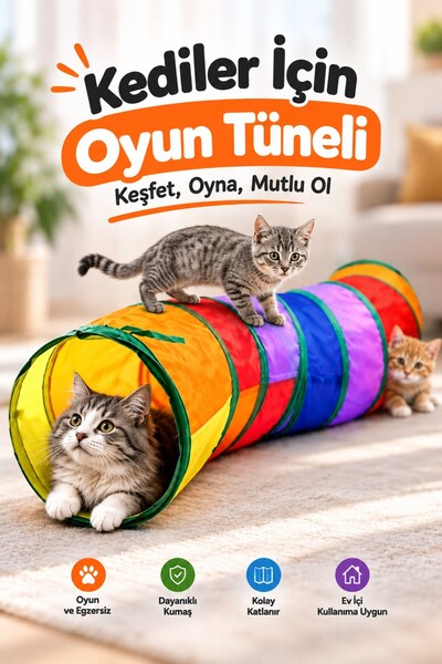 Kurtbay Şekil Kıvrımlı Gökkuşağı Kedi Oyun Tüneli Katlanabilir Renkli Kedi Tü...