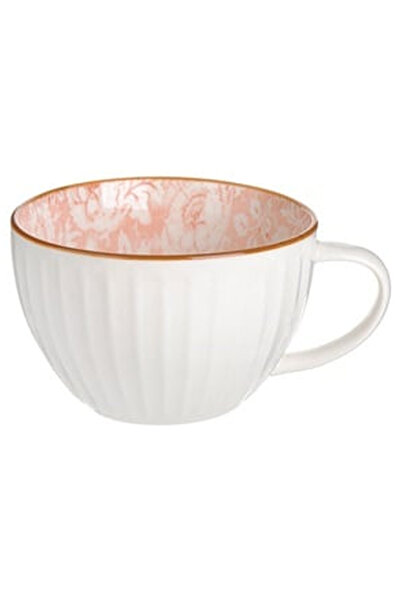 OEM Ceasca Mare Ceramica Alba cu Dungi & Interior Somon Floral 480ml